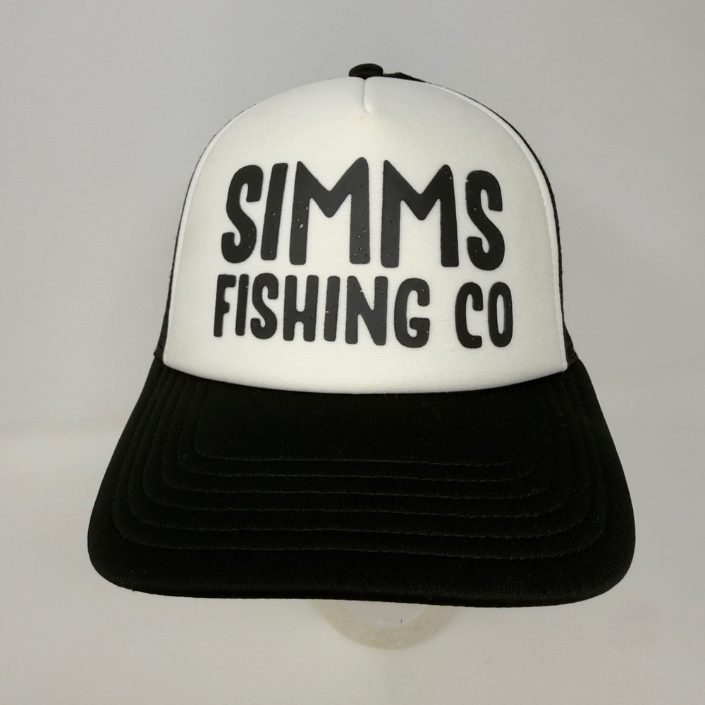 Simms Throwback Trucker Hat Fishing Co Mens Black White Foam Mesh Snapback Cap
